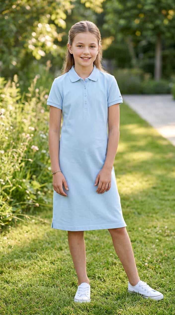 A tween girl standing outdoors wearing a modest polo dress with a collar and short sleeves, smiling gently in a sunny summer setting.