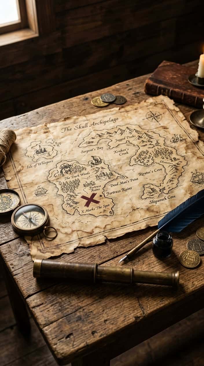 A weathered pirate treasure map with a red X marking the spot, laid out on a wooden table with a compass and spyglass nearby.