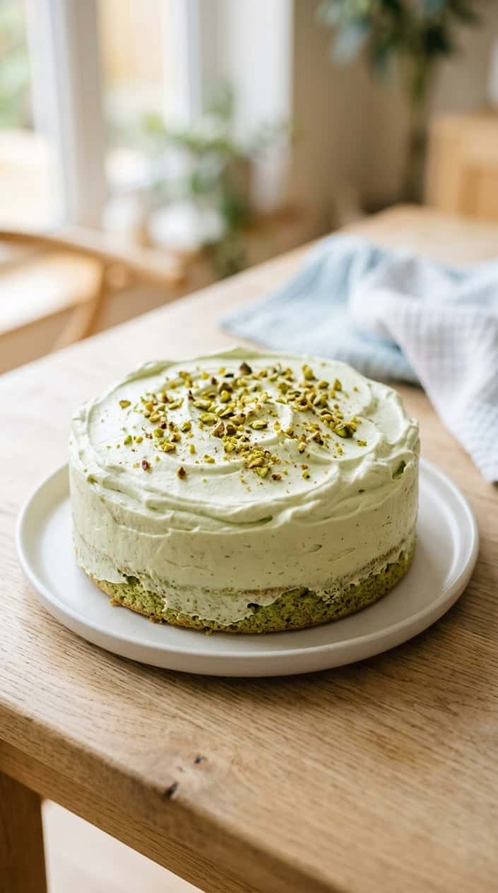 A pistachio sponge cake with pale green whipped frosting on a white plate on a wooden surface.