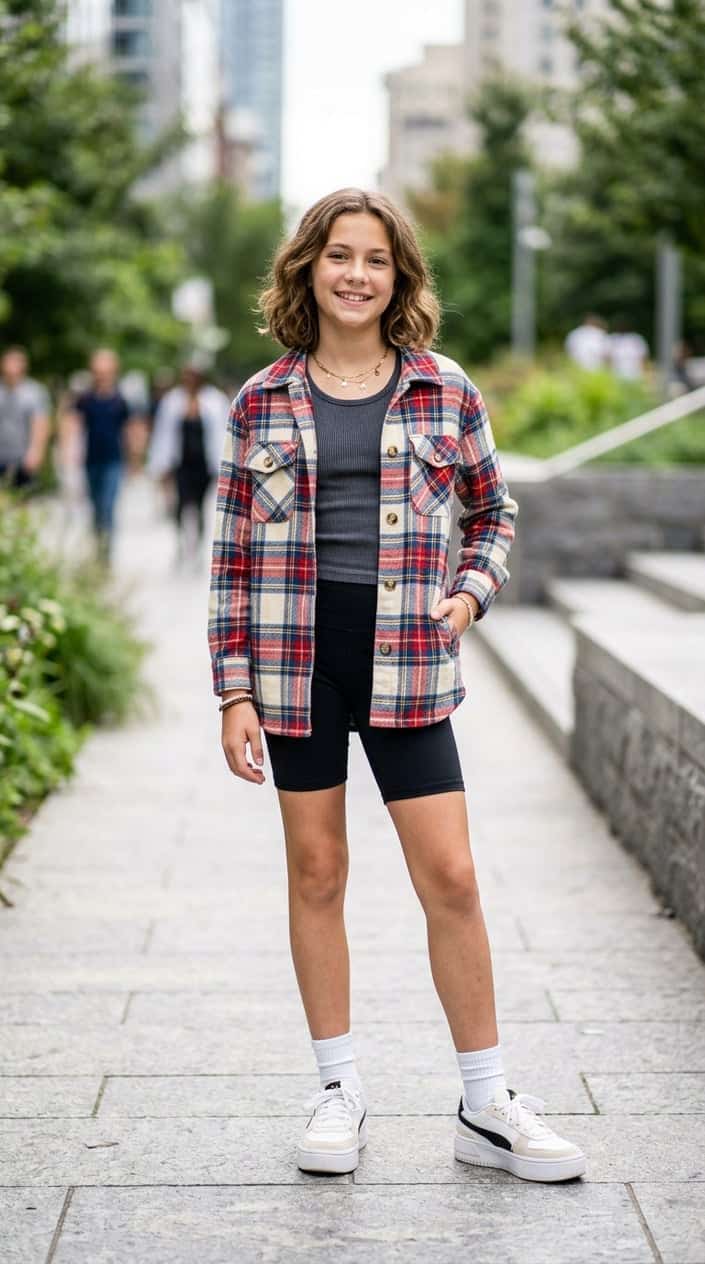 A tween girl standing outdoors wearing a plaid shacket over a ribbed tank top and black biker shorts.