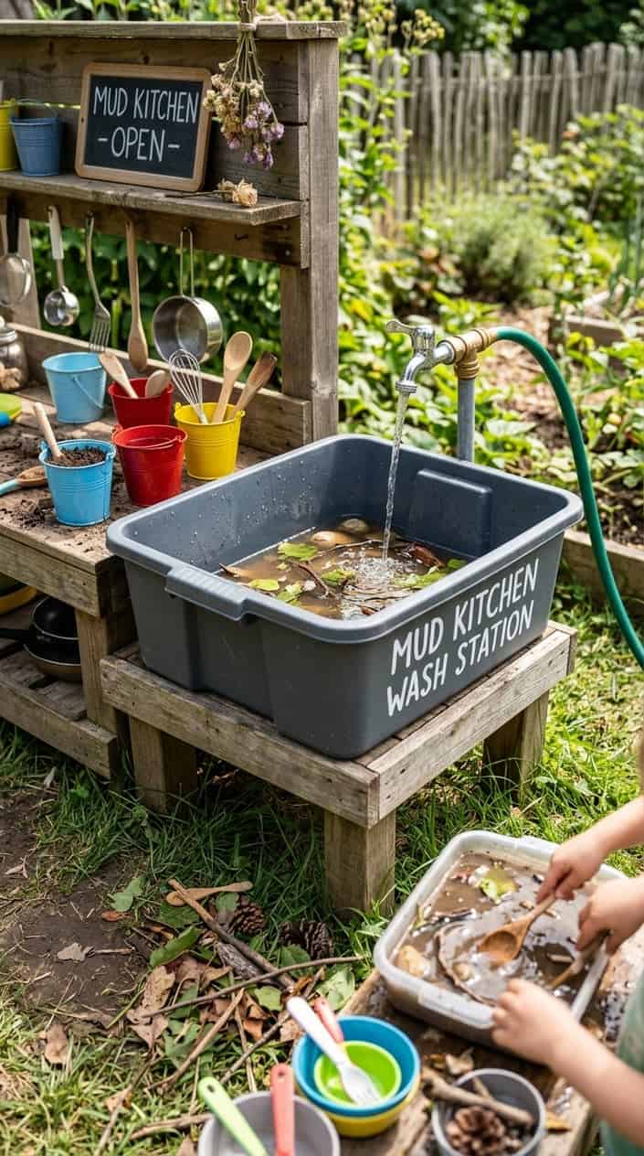 12 Mud Kitchen Setups for Kids (Using Mostly Stuff You Already Have Outside) 3 Outdoor plastic storage bin used as a sink with water flowing from a garden hose, surrounded by natural elements and children's outdoor play items.