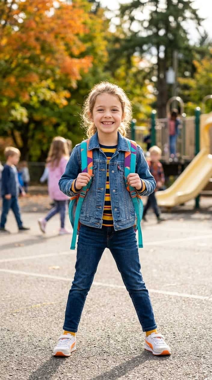 15 Basic School Outfit Pieces Every Elementary Schooler Secretly Needs 13 A young child outdoors wearing a denim jacket and smiling.