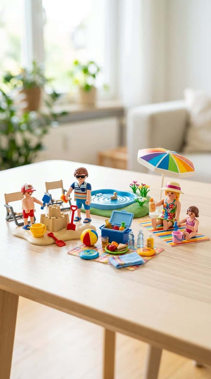A Playmobil family set with figures and summer-themed accessories arranged on a light surface.
