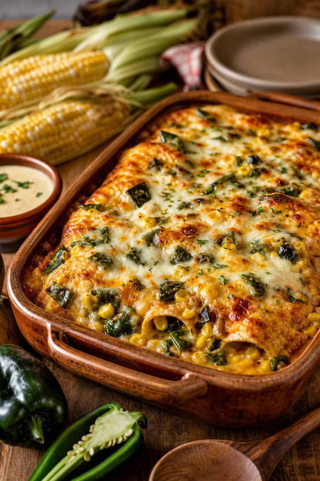 A baked poblano and corn enchilada casserole with a golden bubbling queso-style cheese topping in a ceramic dish, with halved fresh poblano peppers and corn kernels arranged on the wooden surface around it.