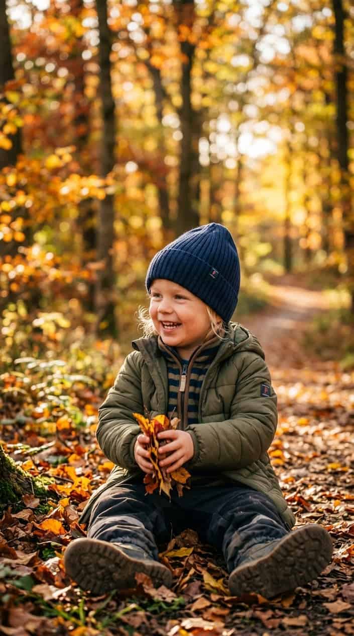Durable Kids' Clothes for Everyday Wear 14 A young child wearing a warm wool beanie outdoors in autumn, smiling and playing among fallen leaves.