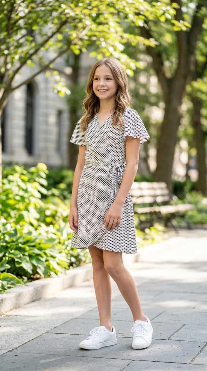 16 Tween Outfit Ideas for the Awkward 'Not Little, Not Grown' Age 13 A tween girl standing outdoors wearing a polka dot wrap dress and white sneakers, smiling gently.