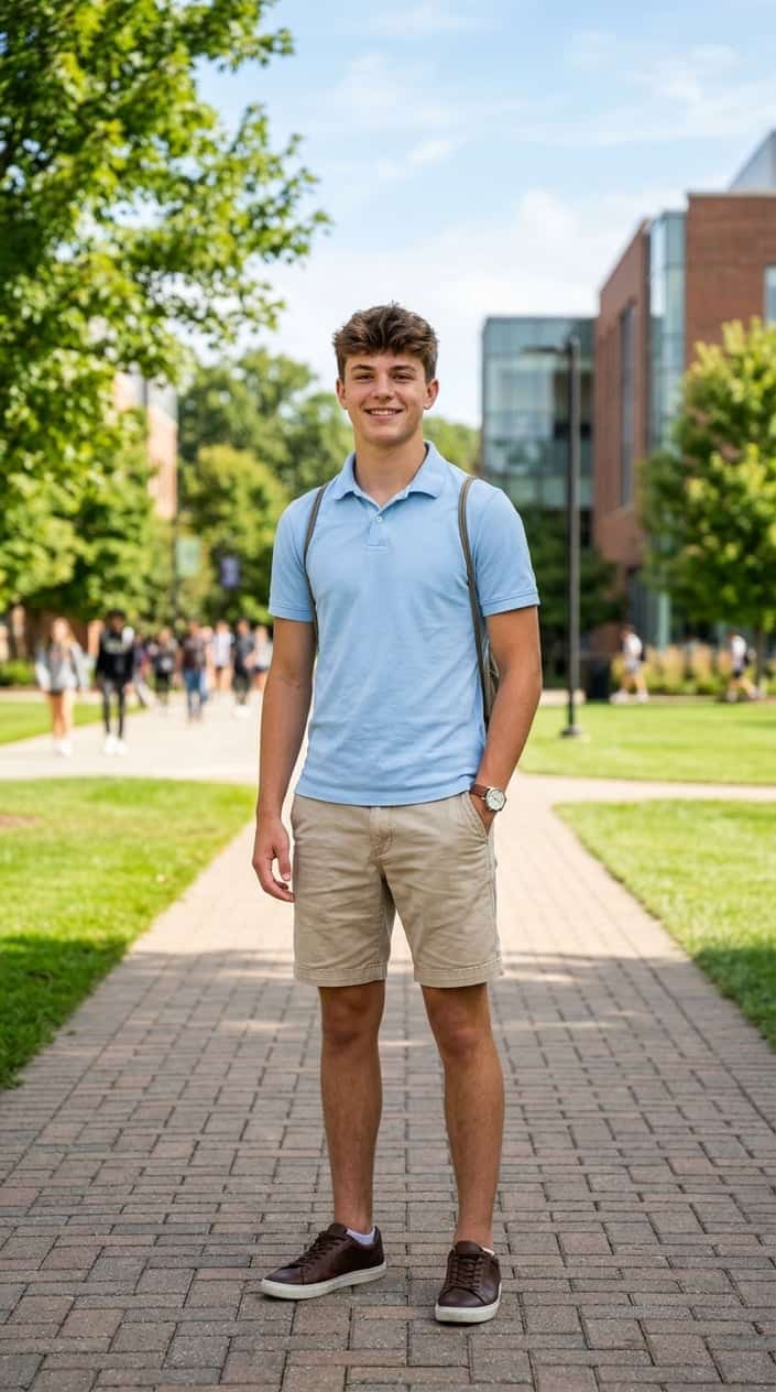 A young person standing outside on a sunny school morning wearing a solid navy polo shirt and straight-cut beige khaki shorts just above the knee.