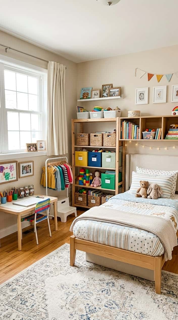 A tidy and welcoming children's bedroom with organized shelves, a cozy bed, and natural light coming through a window.