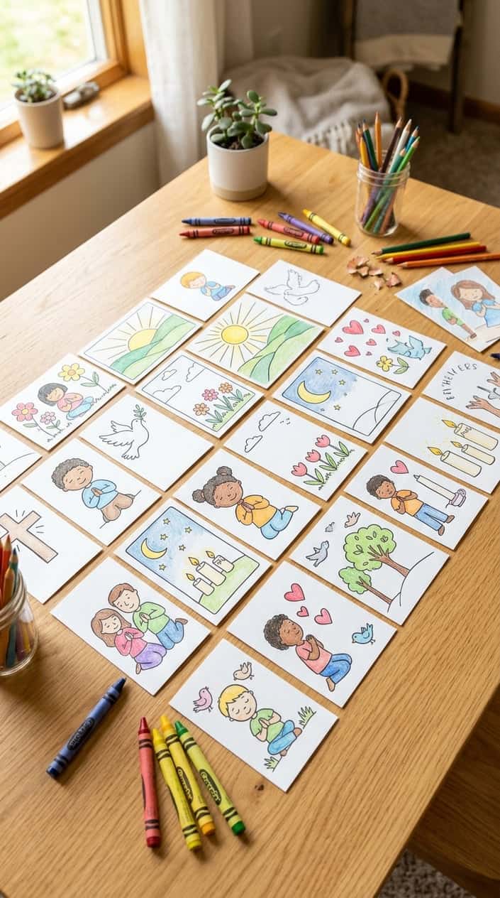 A collection of colorful prayer time coloring cards with simple blessings spread out on a table alongside crayons and colored pencils.