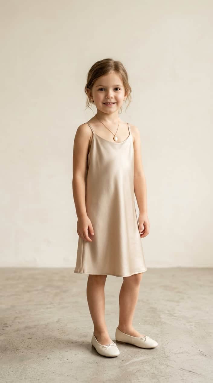 A young child wearing a simple satin slip dress stands against a plain background, smiling gently.