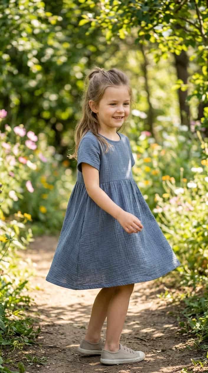 Comfortable Children's Dresses That Still Look Nice 4 A young girl wearing a simple cotton dress stands smiling in a sunlit garden with greenery and flowers.