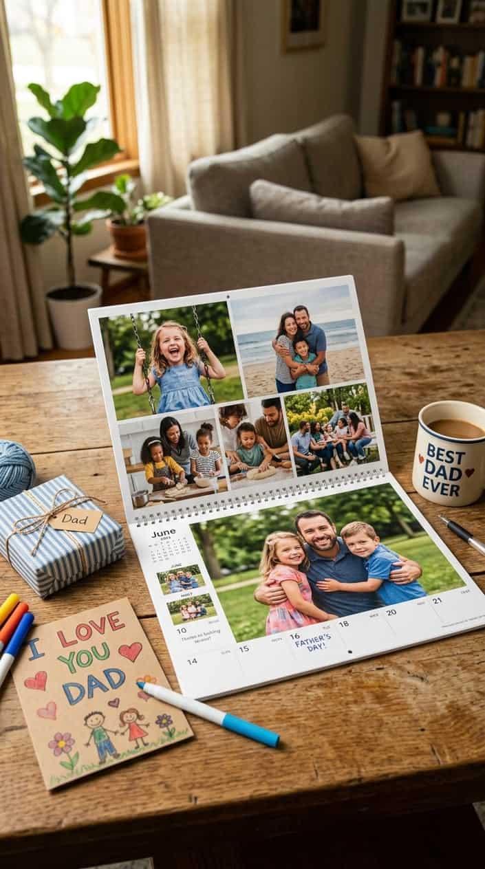 A printed photo calendar open on a table showing family photos, surrounded by small gift items like a wrapped present and a coffee mug.
