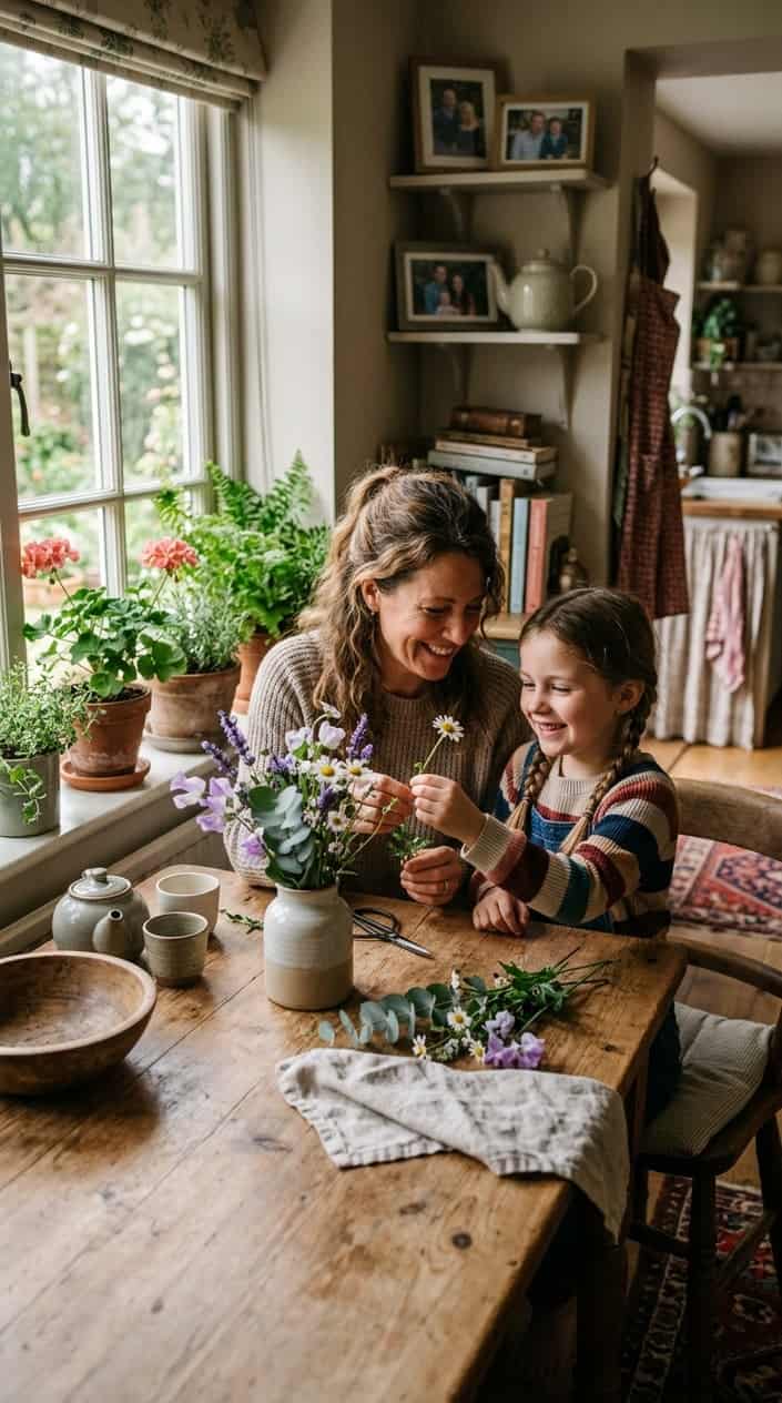 A mother and daughter at a kitchen table in a lived-in home, one leaning on her hand and looking toward the other, the scene quiet and unhurried.