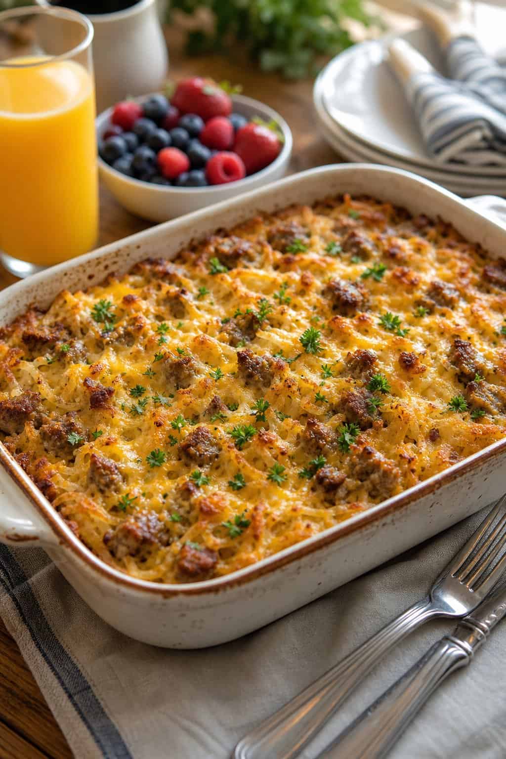 A golden-brown turkey sausage and hashbrown casserole in a white ceramic dish on a wood table with a glass of orange juice and a small bowl of fresh berries to the side.
