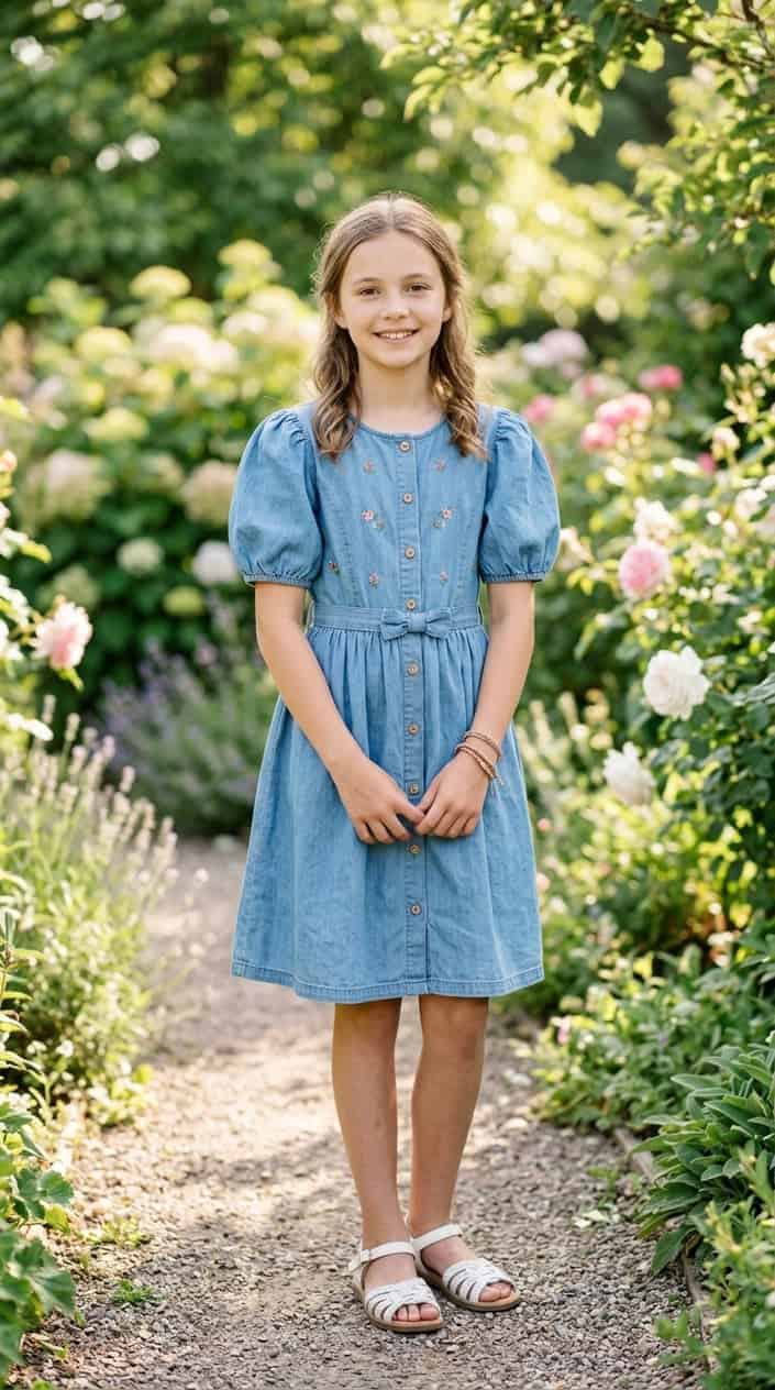 Modest Summer Dresses for Tweens 4 A young girl standing outdoors wearing a blue puff-sleeve dress with buttons, smiling gently with greenery in the background.