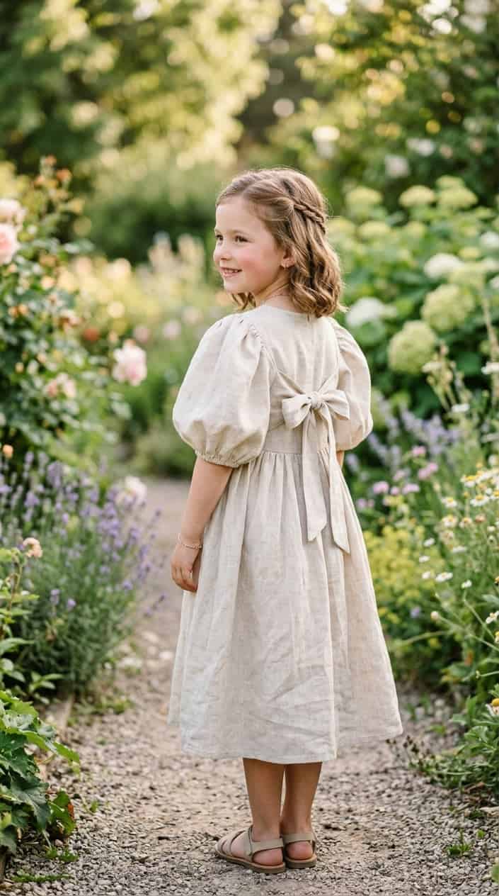 Boutique-Style Dresses for Little Girls on a Budget 18 A young girl standing outdoors wearing a dress with puffed sleeves and a tied back, smiling gently.