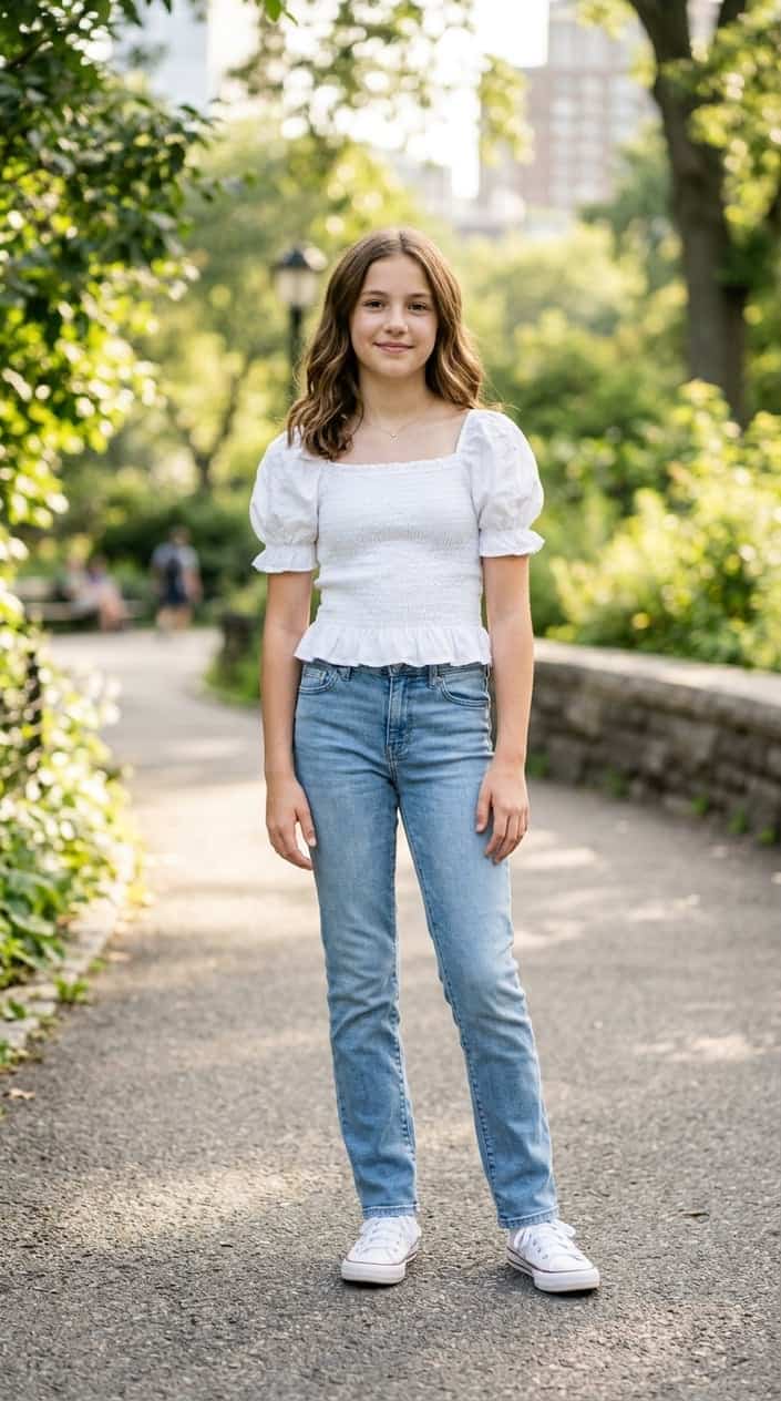 A pre-teen girl wearing a white puff-sleeve top and light blue straight-leg jeans standing outdoors and smiling.