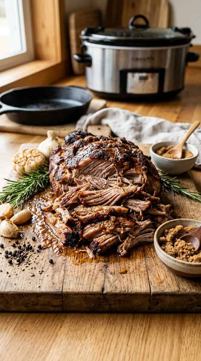 22 Slow Cooker Recipes I Come Back to on the Weeks Everything Falls Apart 5 Close-up of pulled pork Boston butt coated with brown sugar dry rub on a wooden cutting board with garlic and rosemary.