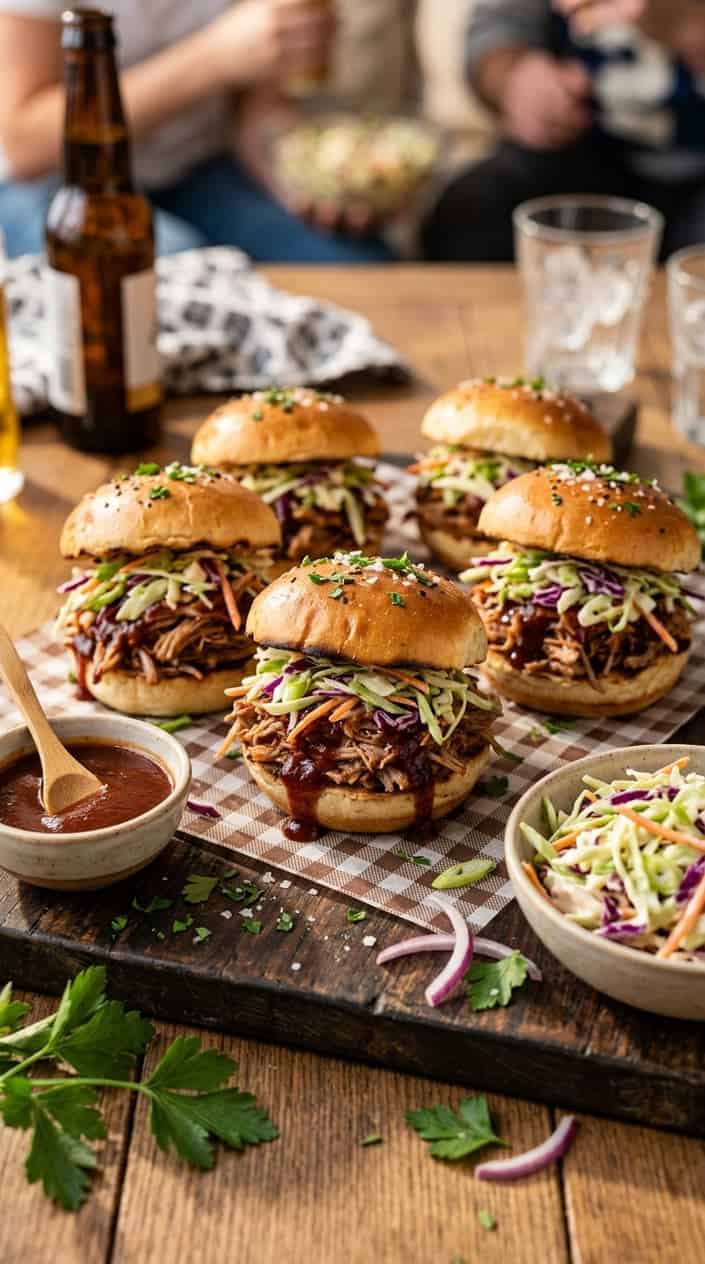 16 Easy Game Day Recipes for a Crowd 4 A plate of pulled-pork sliders topped with coleslaw on toasted buns, served on a wooden board with small bowls of coleslaw and barbecue sauce nearby.
