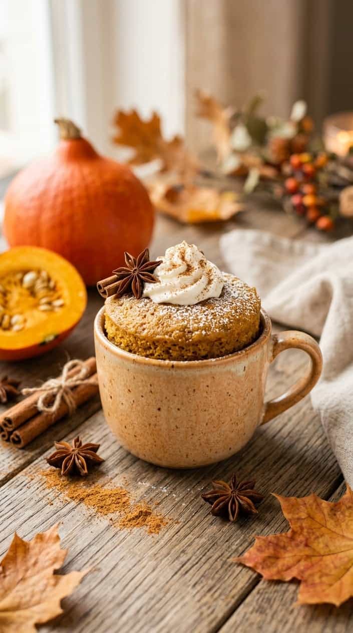 A round ceramic mug with a lightly domed pumpkin-orange mug cake inside, sitting on a wood table surrounded by two small sugar pumpkins, two cinnamon sticks, and a few dried autumn leaves arranged loosely around the base.