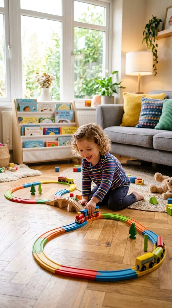 A young child playing with colorful push-pull toy trains on the floor in a bright living room.