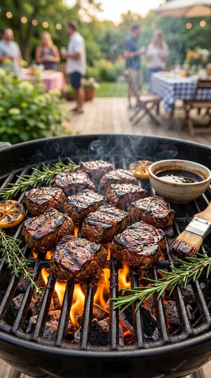 Close-up of balsamic glazed steak tips grilling on a barbecue with fresh herbs nearby.