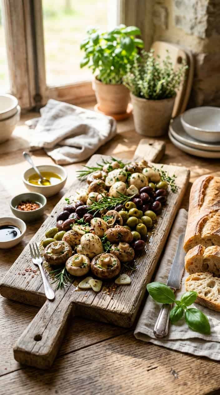 Summer Meals That Skip the Oven 23 A wooden board with marinated mushrooms and olives, garnished with fresh herbs and accompanied by sliced bread and small bowls of olive oil.