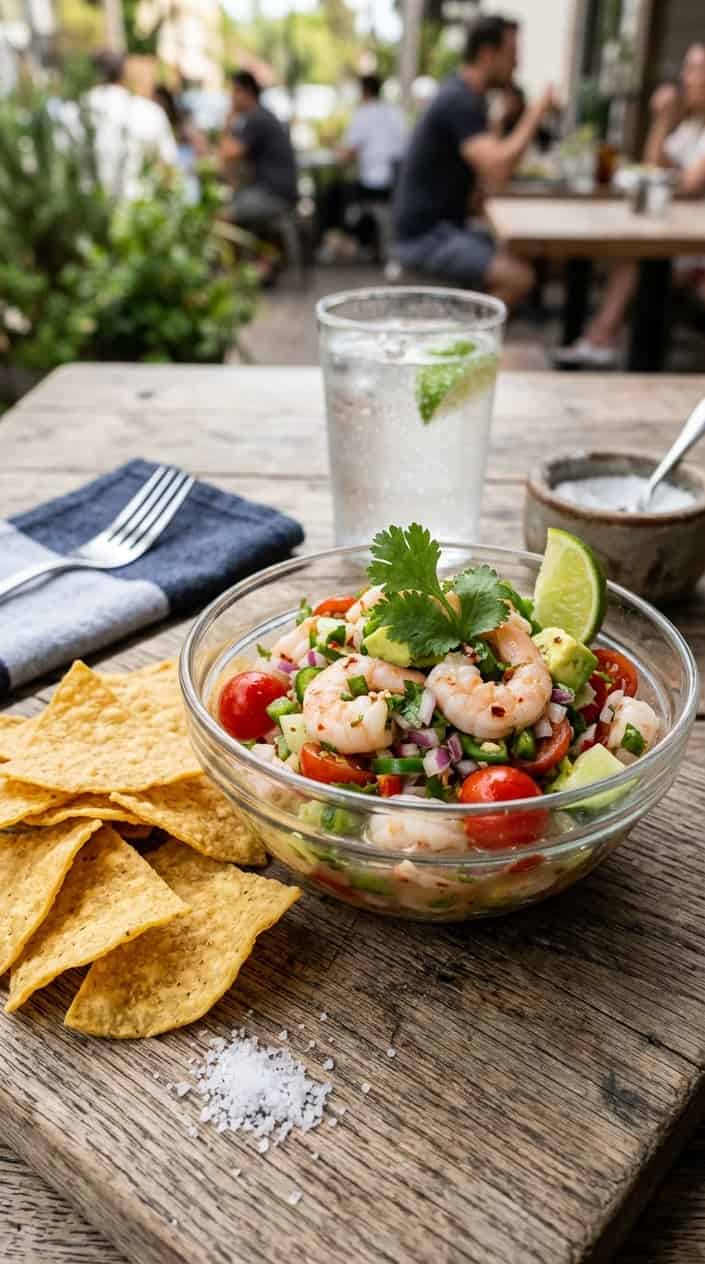 Lunch Ideas Beyond the Turkey Sandwich 37 A white ceramic bowl filled with bright pink shrimp ceviche studded with diced red tomato, white onion, green cilantro, and chunks of avocado, surrounded by a ring of golden tortilla chips on a wooden surface.
