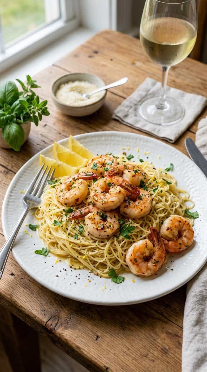 A white plate piled with thin angel hair pasta and pink shrimp in a glossy garlic butter sauce, garnished with flat-leaf parsley and lemon slices, with a blurred glass of white wine and fresh herb sprigs visible in the background.