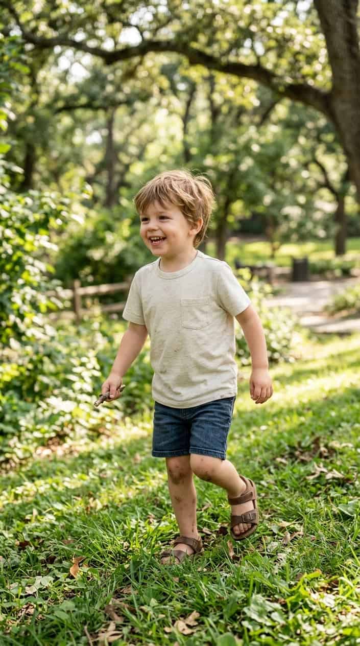 Durable Kids' Clothes for Everyday Wear 15 A young child outdoors wearing a light-colored cotton pocket tee, smiling and playing in a green park setting.