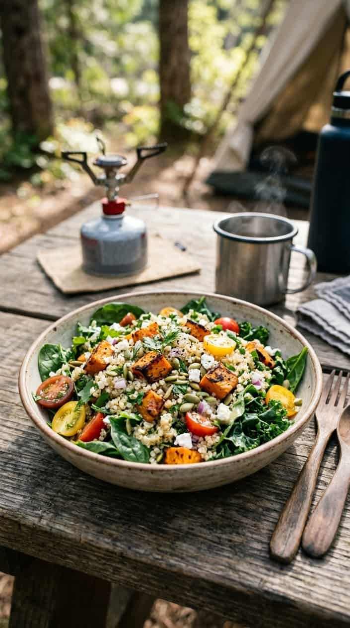 17 Camping Meals You Can Prep Ahead and Heat Over a Single-Burner Stove 16 A bowl of quinoa salad with roasted sweet potato cubes and fresh vegetables on a wooden camping table outdoors.