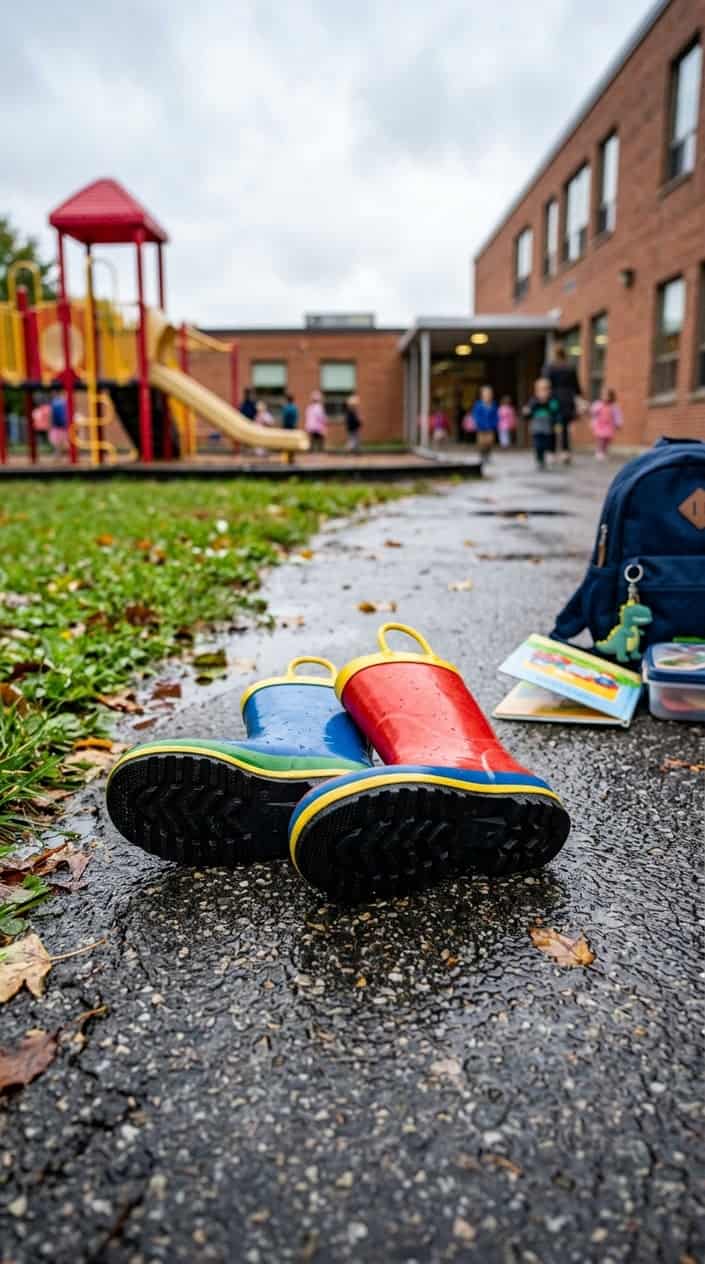 15 Basic School Outfit Pieces Every Elementary Schooler Secretly Needs 16 A pair of colorful children's rain boots with grippy soles placed outdoors on a wet surface near a school playground.