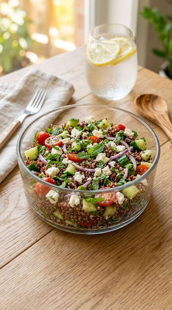 A bowl of colorful quinoa salad with feta cheese and fresh mint on a wooden table.