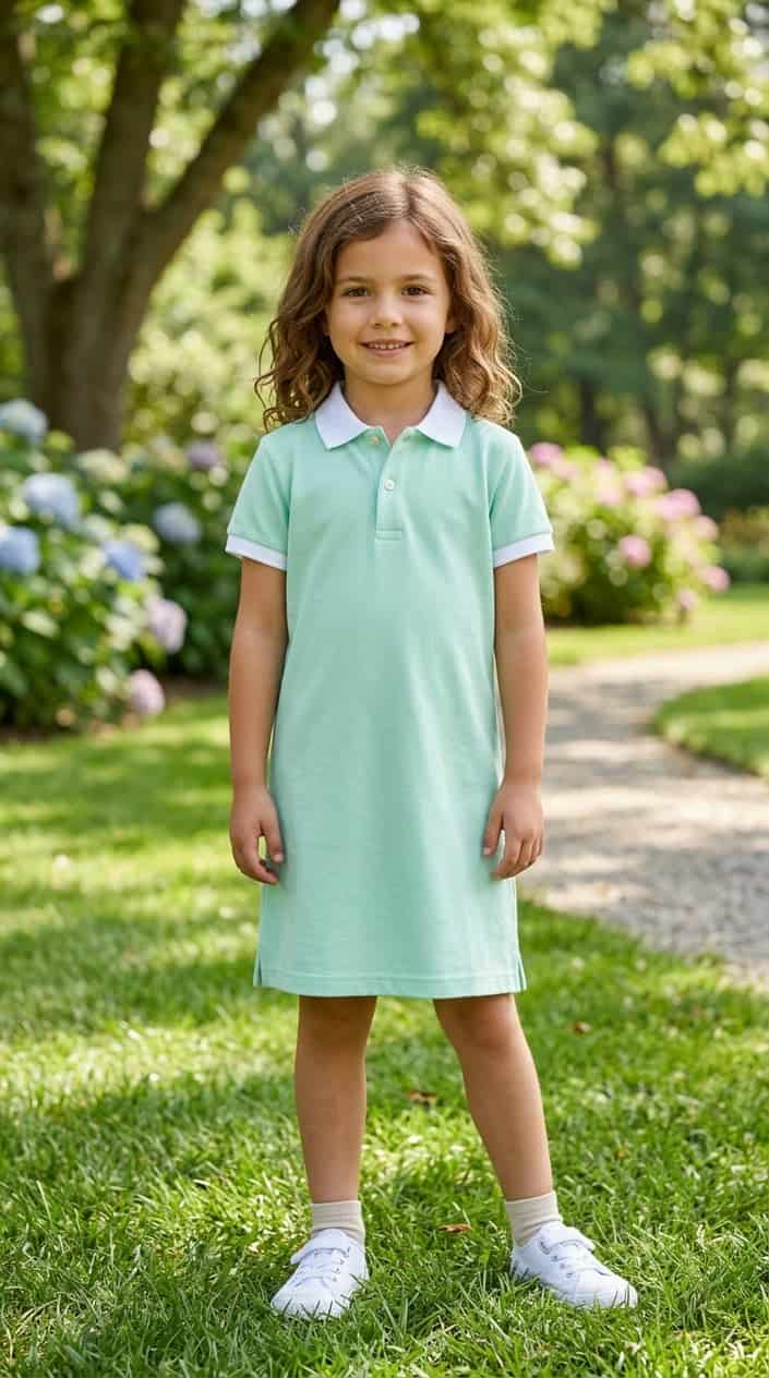 Kids' Designer-Look Dresses on a Budget 15 A young girl standing outdoors wearing a neat polo dress, smiling with greenery in the background.