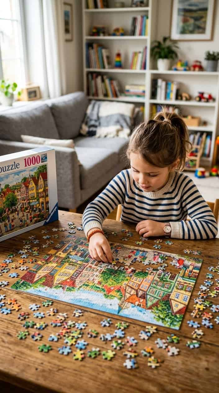 Screen-Free Toys That Hold Kids' Attention 11 Child's hands assembling a colorful Ravensburger 1000-piece jigsaw puzzle on a wooden table in a cozy family room.