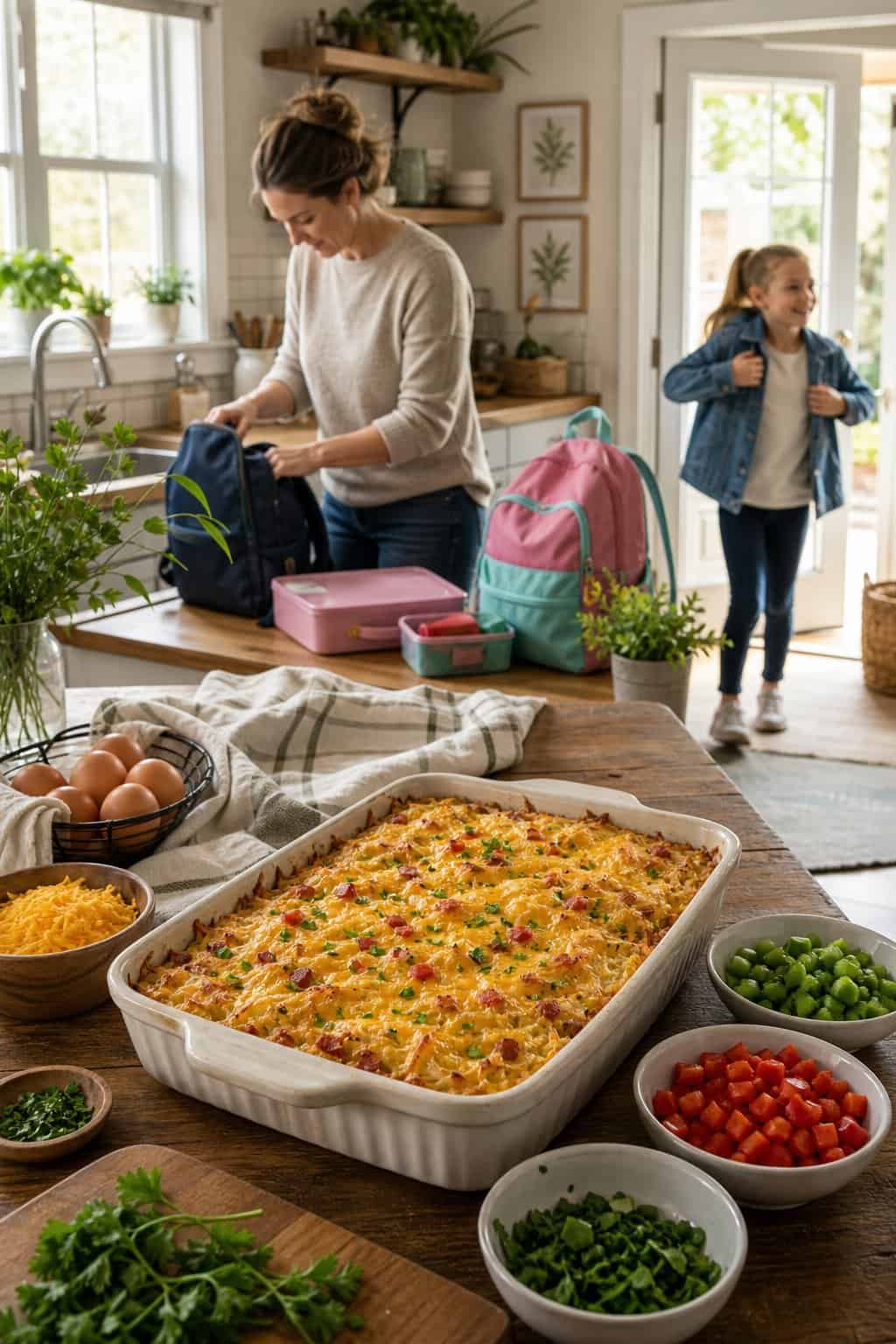 A breakfast casserole in a ceramic dish on a kitchen table, with a packed backpack visible near the door and a coffee mug in the foreground.
