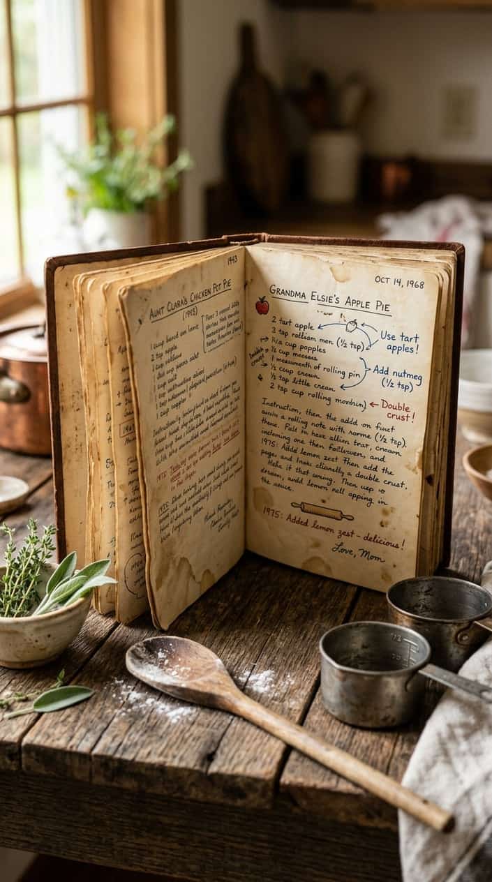 An open heirloom recipe book with handwritten family notes lying on a wooden table beside kitchen utensils and a small bunch of fresh herbs.