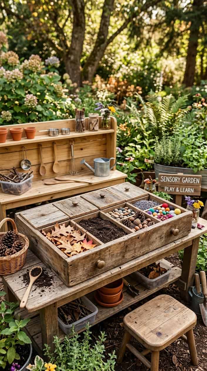 12 Mud Kitchen Setups for Kids (Using Mostly Stuff You Already Have Outside) 13 A reclaimed wooden dresser drawer used as a sensory tray filled with natural materials, set outdoors with mud kitchen tools around it.