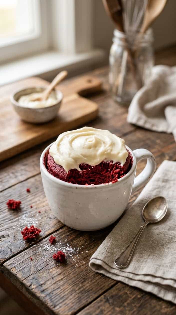 A clean white ceramic mug filled with a deep red mug cake, a small visible pocket of white cream cheese filling just below the surface, with a silver spoon and a folded white napkin resting alongside it on a wood table.
