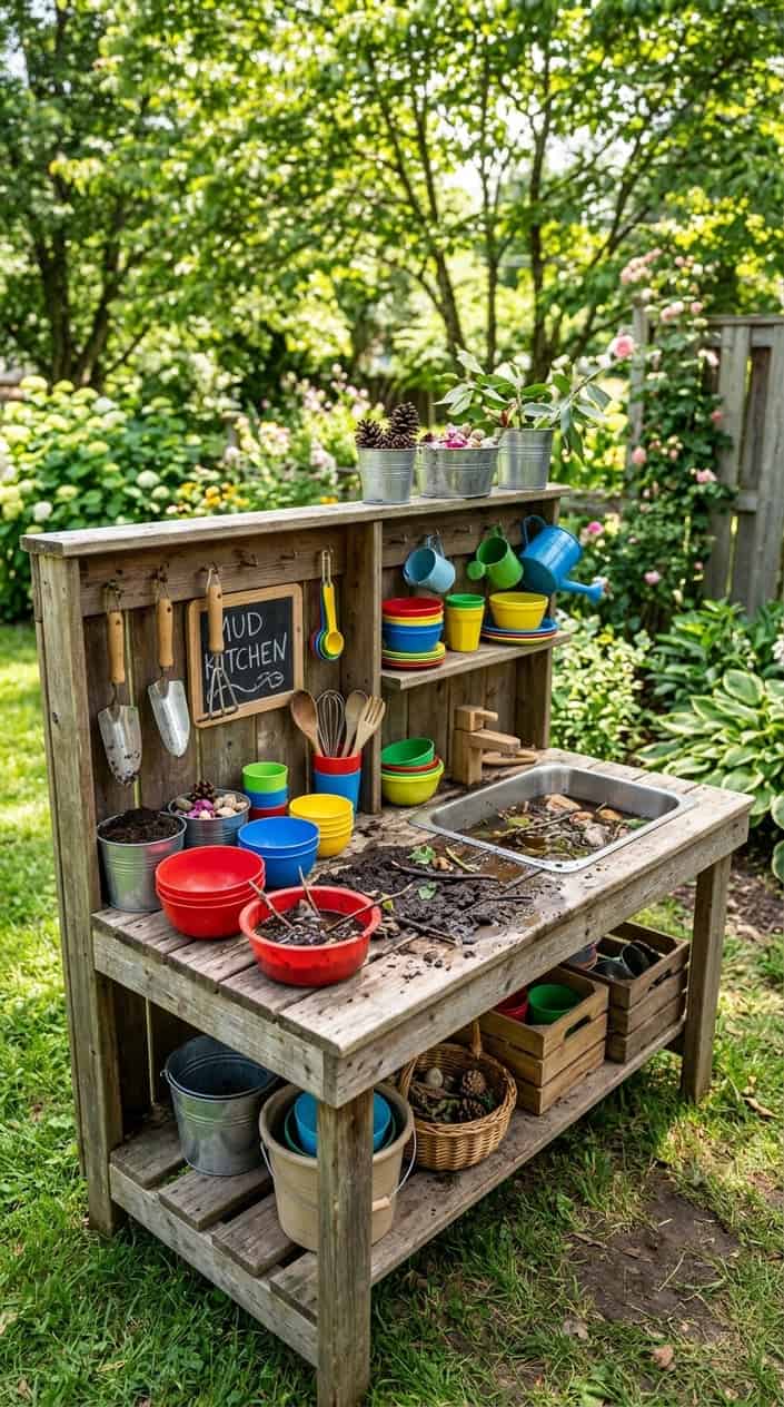 12 Mud Kitchen Setups for Kids (Using Mostly Stuff You Already Have Outside) 8 An outdoor potting bench repurposed as a mud kitchen for kids, with plastic dishes, gardening tools, and natural materials arranged for play.