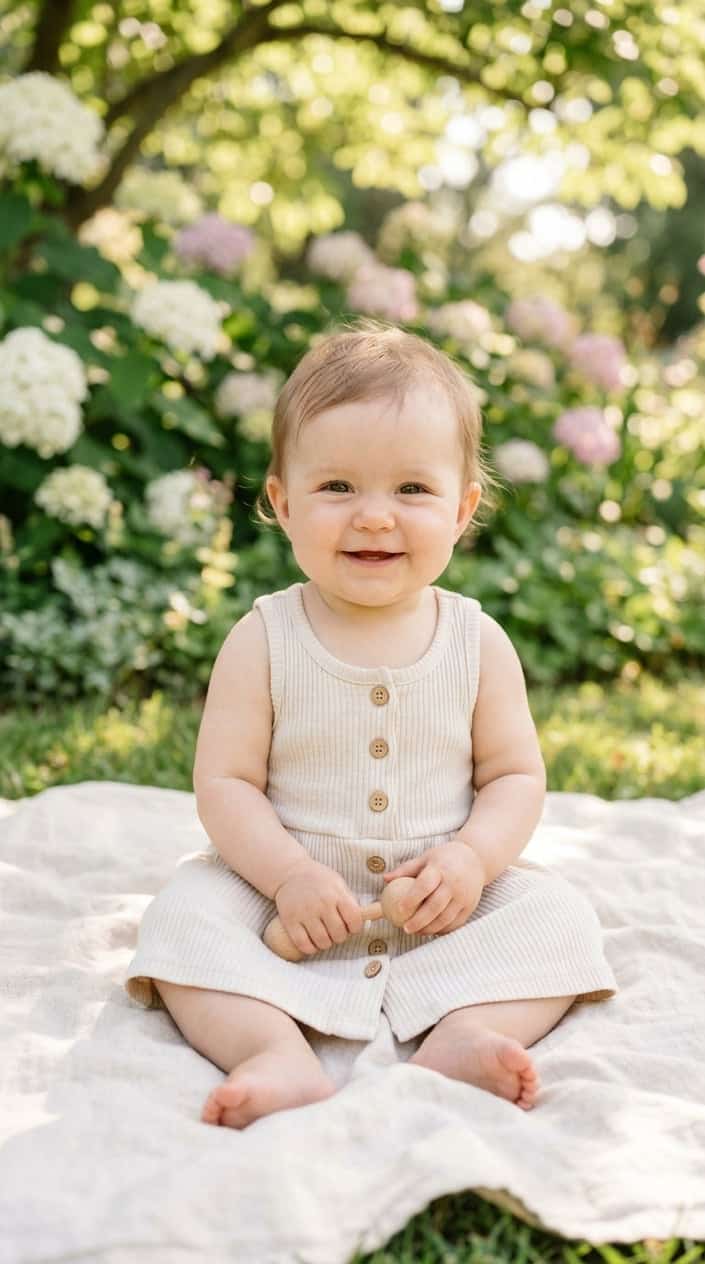 A baby sitting wearing a light ribbed cotton tank dress with buttons on the front in a bright summer setting.