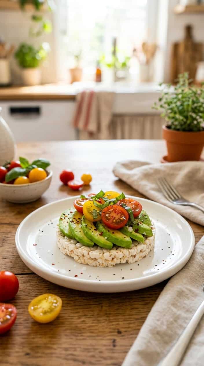 A rice cake topped with sliced avocado and cherry tomatoes on a white plate.