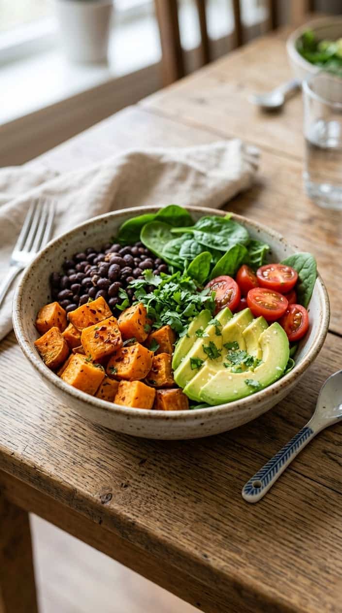 A wide bowl with a base of brown rice topped with caramelized cubed sweet potato, matte black beans, sliced avocado fanned across one side, a scattering of cherry tomatoes, and fresh cilantro, shot on a warm wood surface.