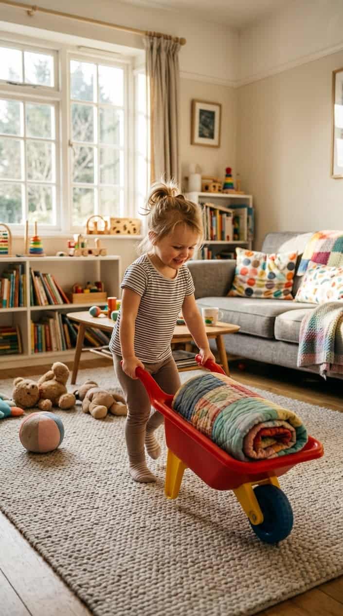 19 Gross Motor Activities That Turn the Living Room Into a Productive Place 11 A child pushing a small wheelbarrow across a living room floor using a rolling blanket.