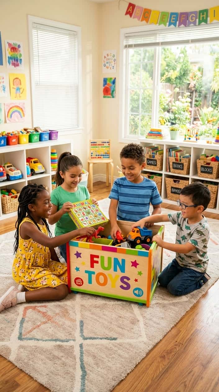 A group of children happily playing together around a toy box in a bright playroom.