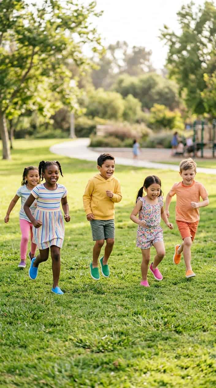 Durable Kids' Clothes for Everyday Wear 10 Young children playing outdoors wearing colorful slip-on shoes on a sunny day.