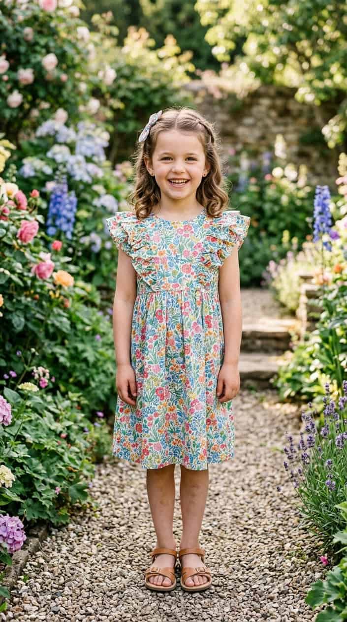 Boutique-Style Dresses for Little Girls on a Budget 13 A young girl standing outdoors in a garden wearing a dress with ruffled sleeves and a colorful patterned fabric, smiling and posing confidently.