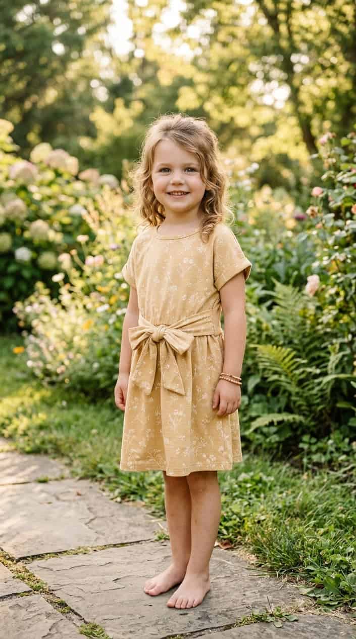 Comfortable Children's Dresses That Still Look Nice 9 A young child standing outdoors wearing a comfortable tie-waist dress, smiling gently with greenery in the background.