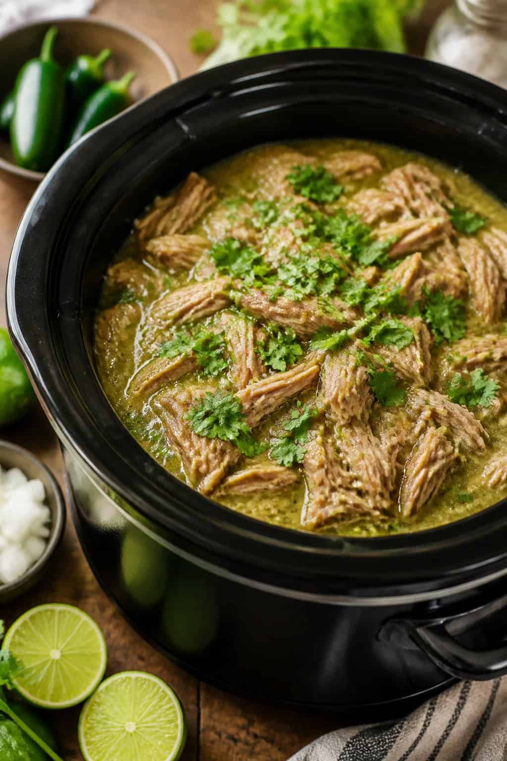 A crockpot filled with shredded pork shoulder in green salsa verde sauce, garnished with cilantro, on a wooden kitchen counter with fresh ingredients nearby.