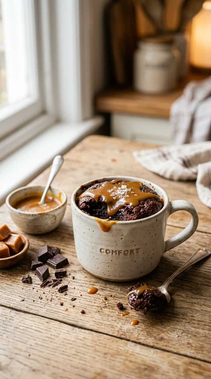 A dark ceramic mug filled with a fudgy brownie mug cake, topped with a visible drizzle of amber caramel sauce that has pooled slightly at the rim, sitting on a wood table with a small bowl of caramel and a few chocolate chips scattered nearby.
